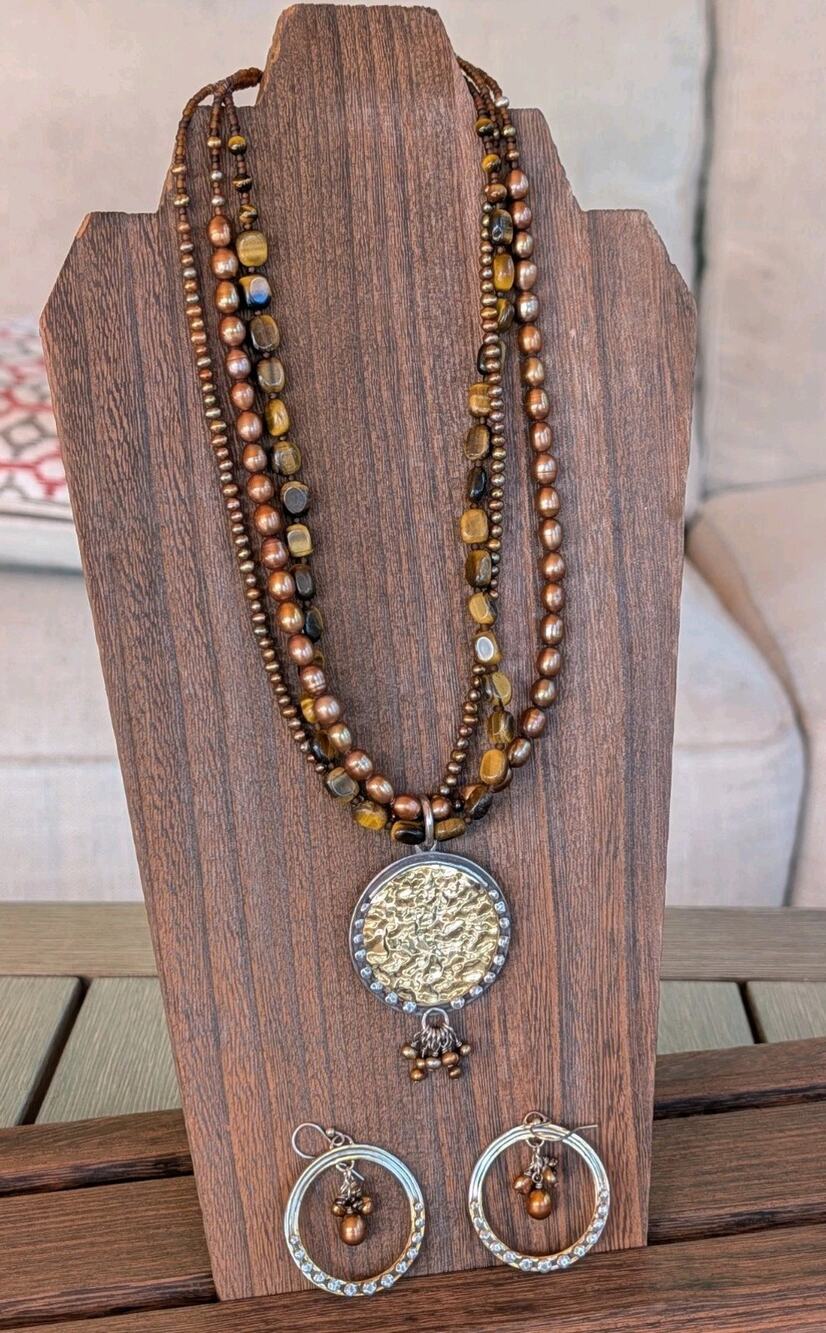 Silpada Set Necklace Earrings Tiger's Eye Bronze Pearls Oxidized Pendant N1838